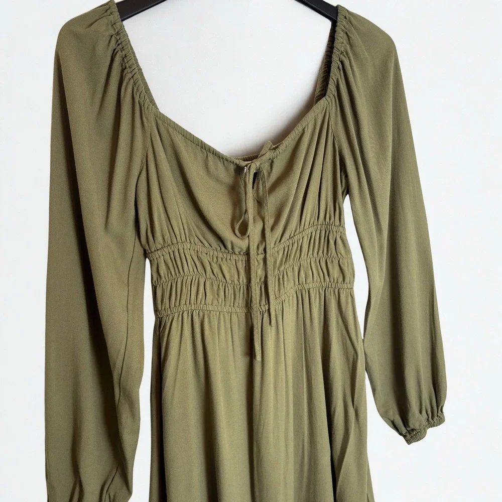 Cottage Core Mini Dress Size Small Smocked Green/Olive FairyCore Long Sleeve - Picture 5 of 9